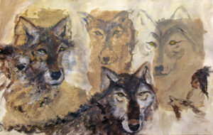 In Harmony with Wolves — 40" x 25" mixed media on handmade paper collage, $3,500